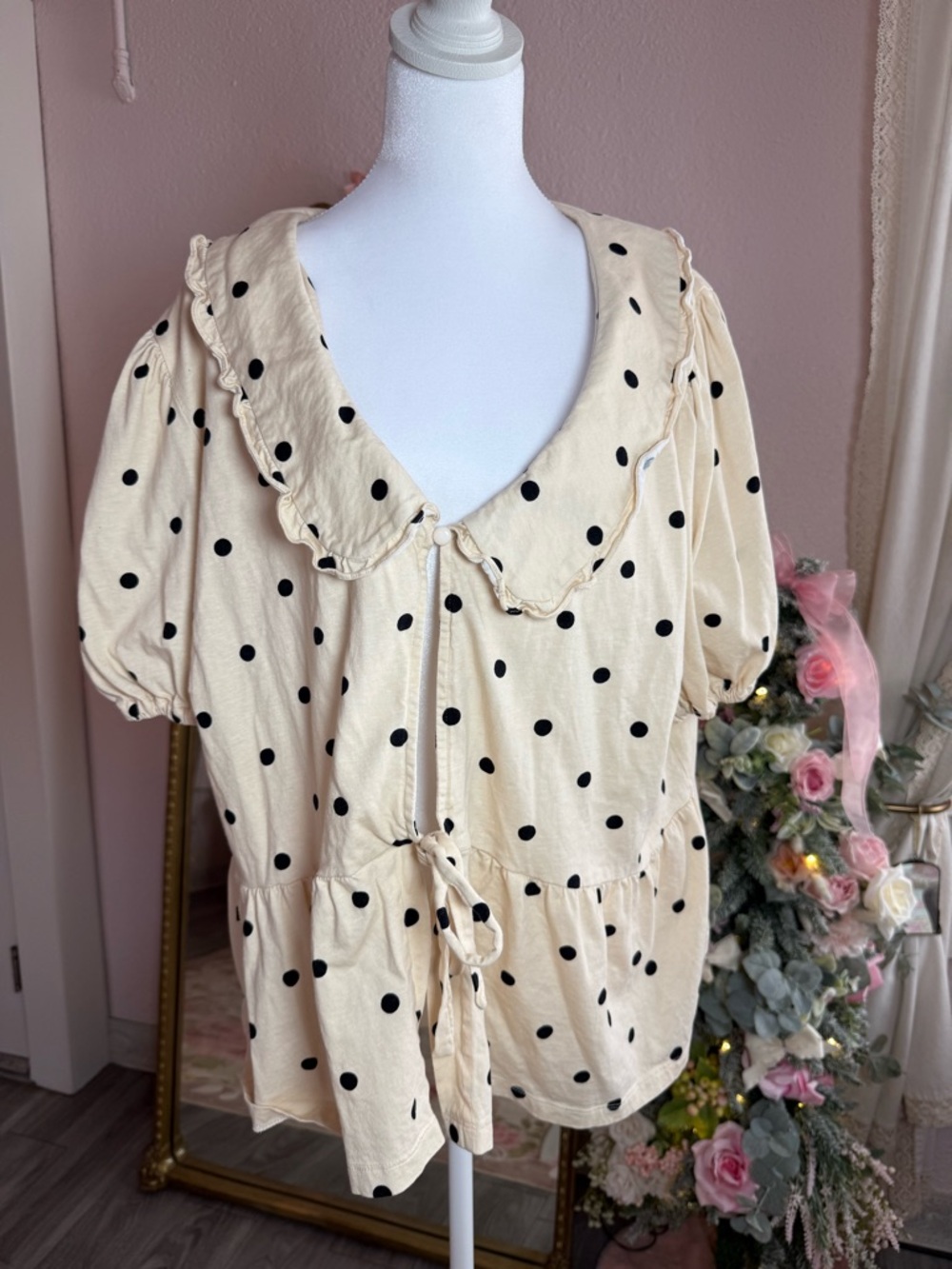 Ruffled Polka Dot Tie-Waist Blouse - Cream with Black Dots